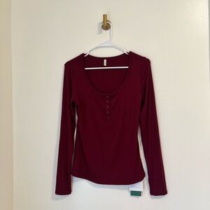 Halara Ribbed Henley Neck Long Sleeve Slim Casual Top